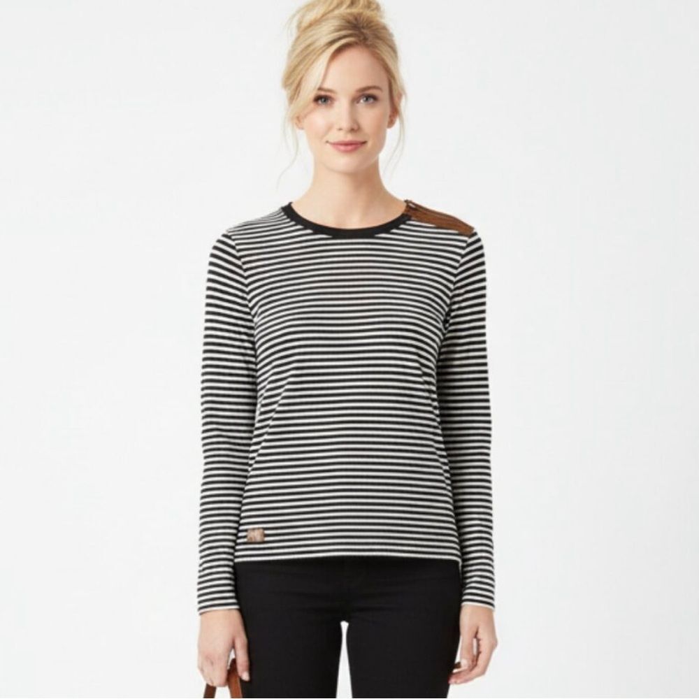 Lauren Ralph Lauren Black & White Striped Leather Elbow Patch Long Sleeve Tee M